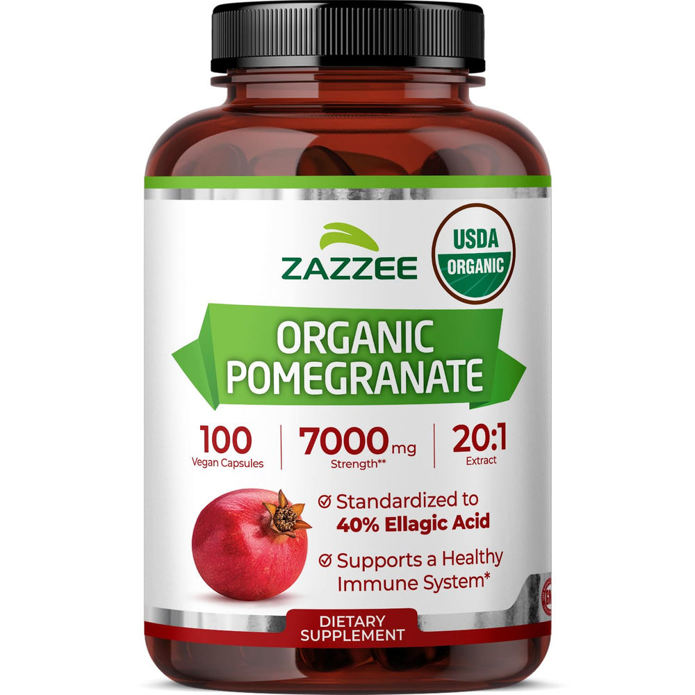Zazzee Organic Pomegranate 20-1 Extract bottle highlights high potency per capsule.