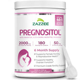 Zazzee Pregnostol powder bottle front, showcasing a convenient fertility supplement for daily use.