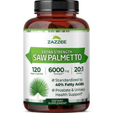Zazzee Saw Palmetto bottle front showing high potency 20:1 extract for daily supplementation.