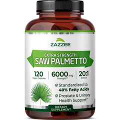 Zazzee Saw Palmetto bottle front showing high potency 20:1 extract for daily supplementation.