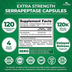 Zazzee Serrapeptase capsules close-up shows 120,000 SPU per capsule for strong daily support.