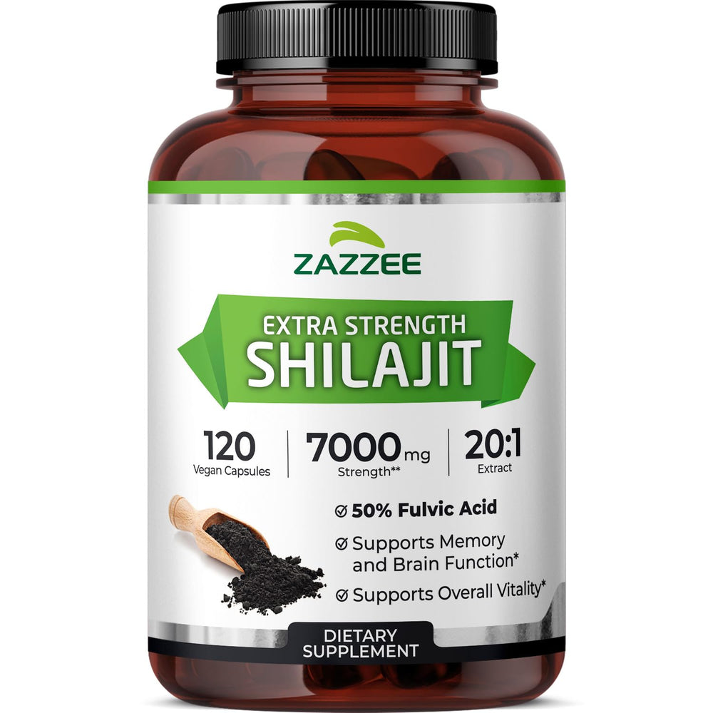 Zazzee Shilajit extract capsule close-up showing 7000 mg potency