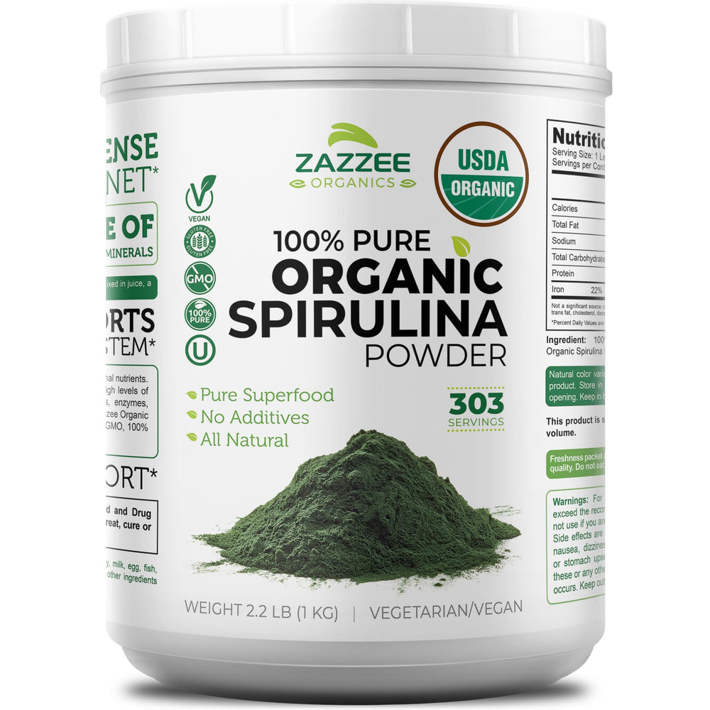 Zazzee Organic Spirulina Powder container with wide opening for mess-free scooping.