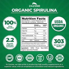 Zazzee Organic Spirulina Powder measured by a level teaspoon for precise portions.
