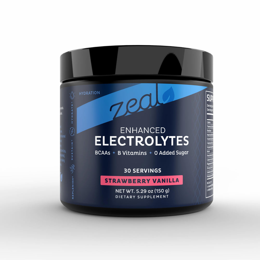 Zeal Electrolyte Powder tub front highlighting keto hydration benefits