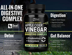Zeal Naturals apple cider vinegar from the mother illustration highlighting raw, natural ingredients.