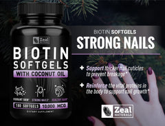Product bottle label displays high potency 10000 mcg biotin with virgin coconut oil.