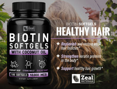 Ingredients shot shows coconut oil and biotin to support hair, skin, and nails.