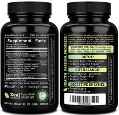 Zeal Naturals label close-up highlighting organic ingredients and detox potential.