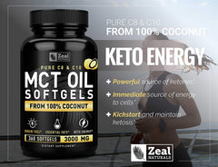 MCT oil from coconut origin featured with Zeal Naturals branding.