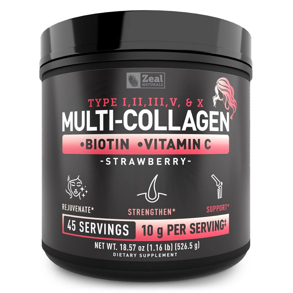 Zeal Naturals multi collagen powder strawberry bottle supports skin and joints.