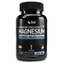 Zeal Naturals magnesium bottle showcasing triple blend for daily support.