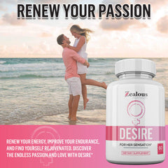 Zealous Desire packaging front showcases premium natural ingredients for women's well-being.