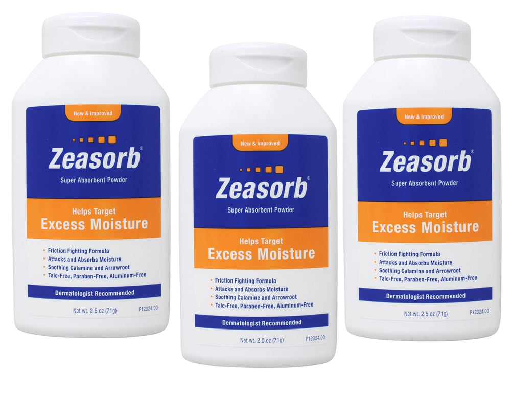 Zeasorb three-bottle pack shown for convenient moisture control.