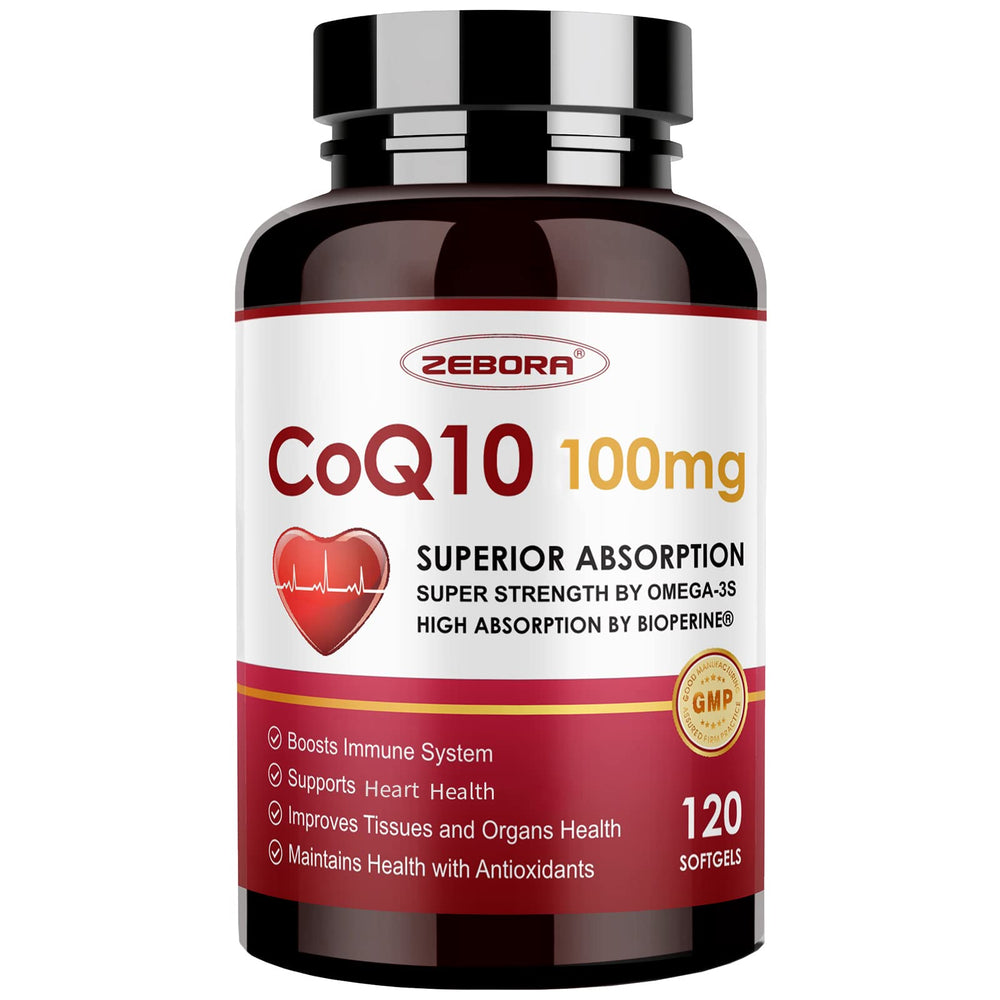 ZEBORA CoQ10 100 mg softgels bottle for daily energy and heart support
