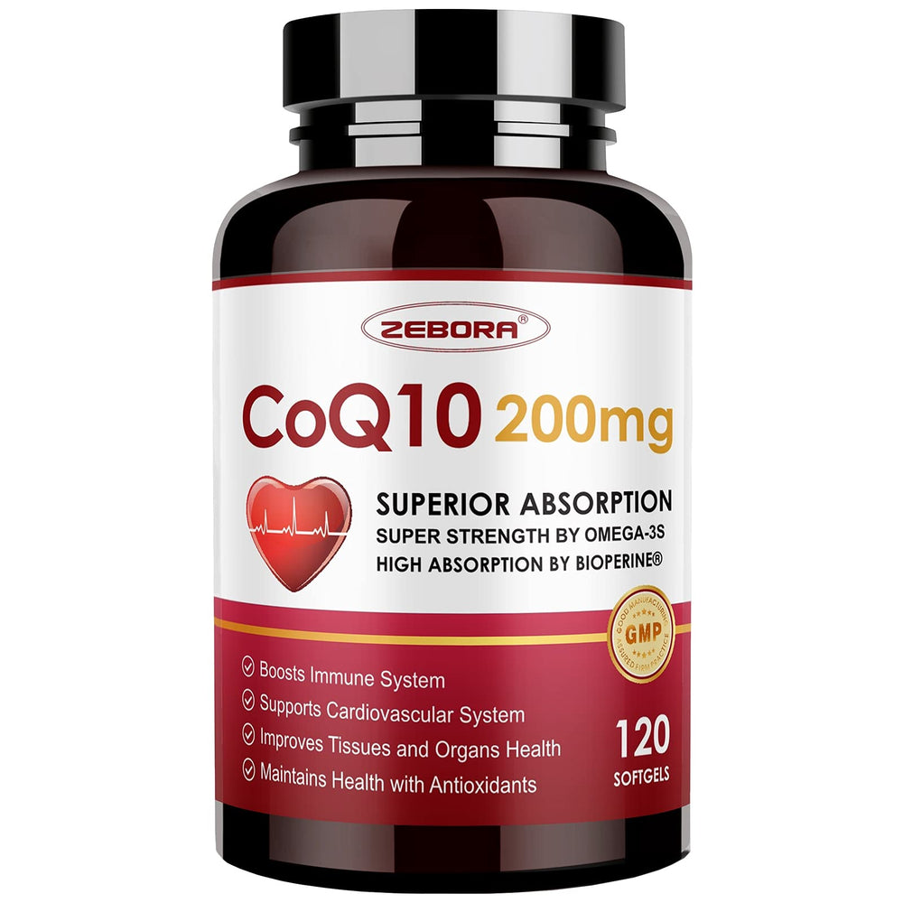 ZEBORA CoQ10 softgels bottle front showing packaging and product name for daily energy support