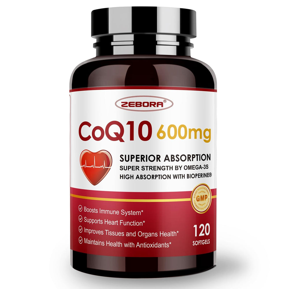 ZEBORA CoQ10 600mg softgels bottle for daily energy support.