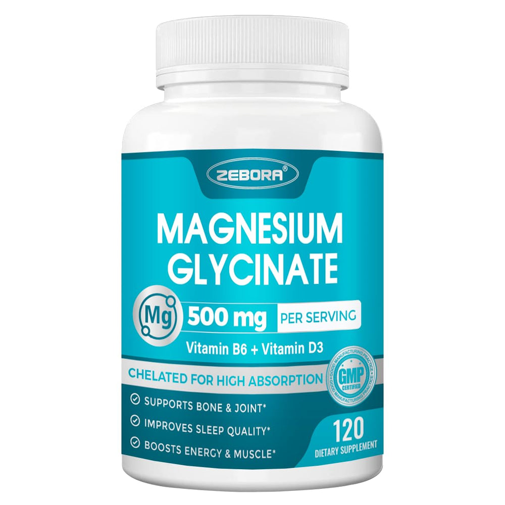 ZEBORA Magnesium Glycinate 500mg bottle front view supports daily wellness and calm energy