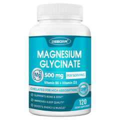 ZEBORA Magnesium Glycinate 500mg bottle front view supports daily wellness and calm energy