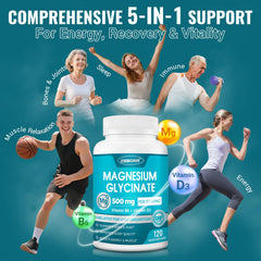ZEBORA Magnesium Glycinate 500mg capsules close-up highlights gentle, non-buffered formulation