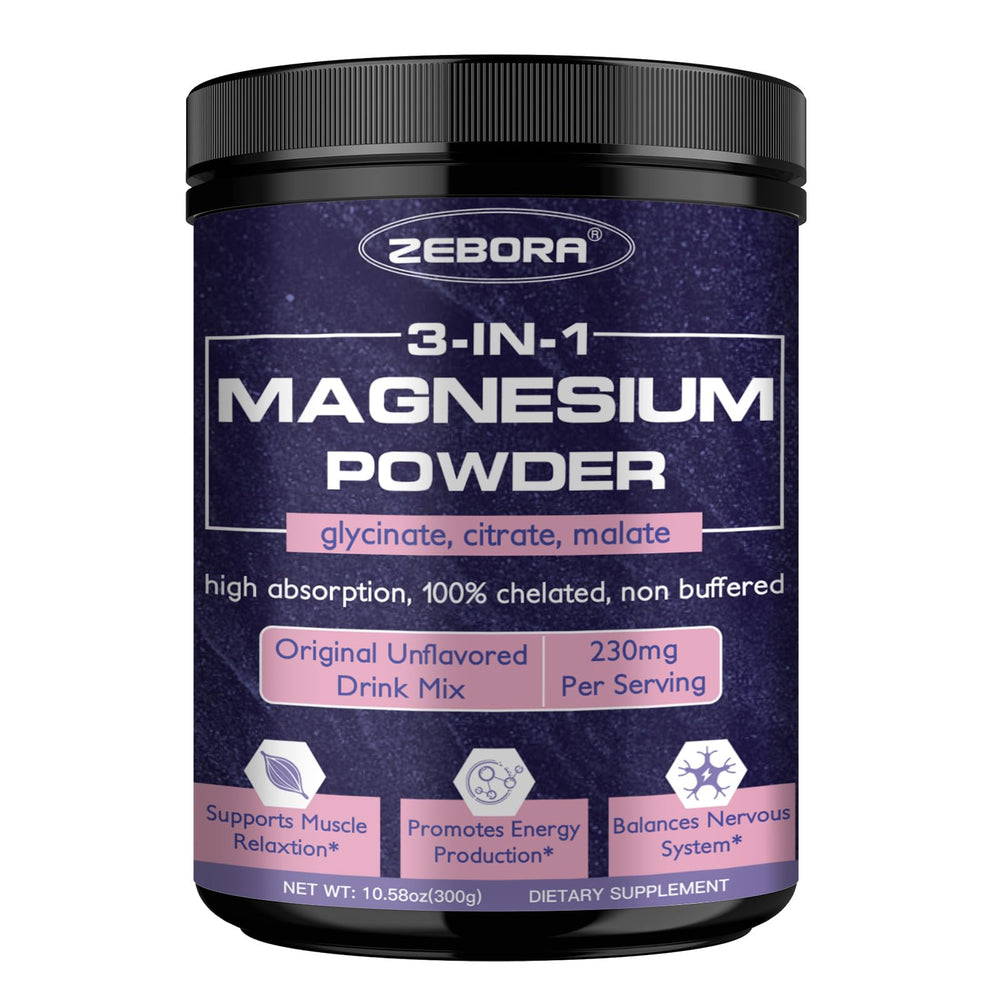 ZEBORA Magnesium Powder bottle closeup highlighting the 3-in-1 complex