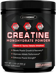 ZEBORA micronized creatine powder bottle pour for quick energy during workouts.