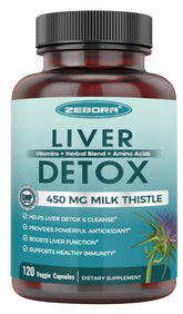 ZEBORA Milk Thistle 450mg extract bottle highlighting organic formula for liver support
