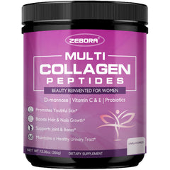 ZEBORA multi collagen powder tub front highlighting skin and joint support