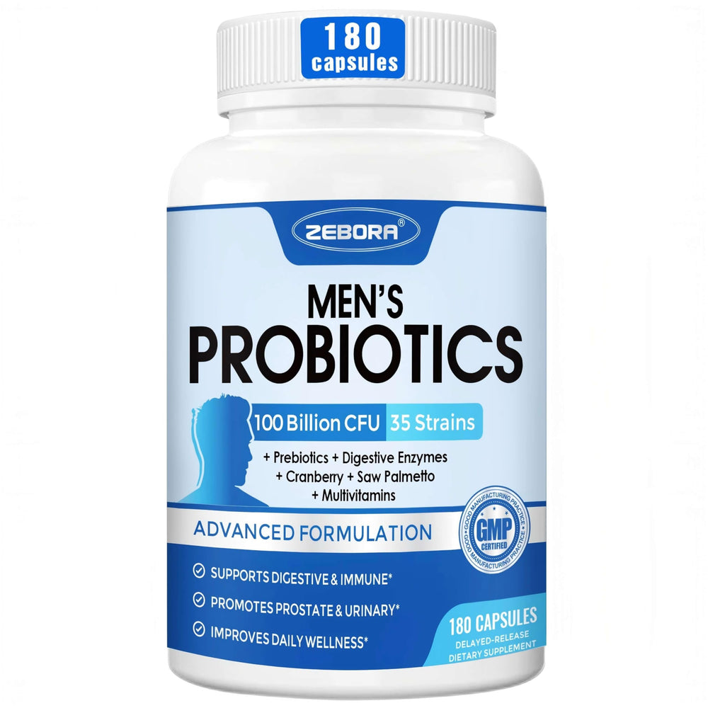 ZEBORA Probiotics for Men bottle front offers convenient 90-day daily supply.