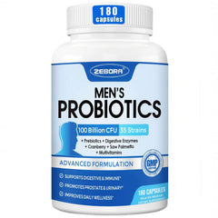 ZEBORA Probiotics for Men bottle front offers convenient 90-day daily supply.