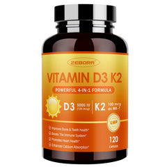 ZEBORA Vitamin D3+K2 bottle with capsules designed for bone support.