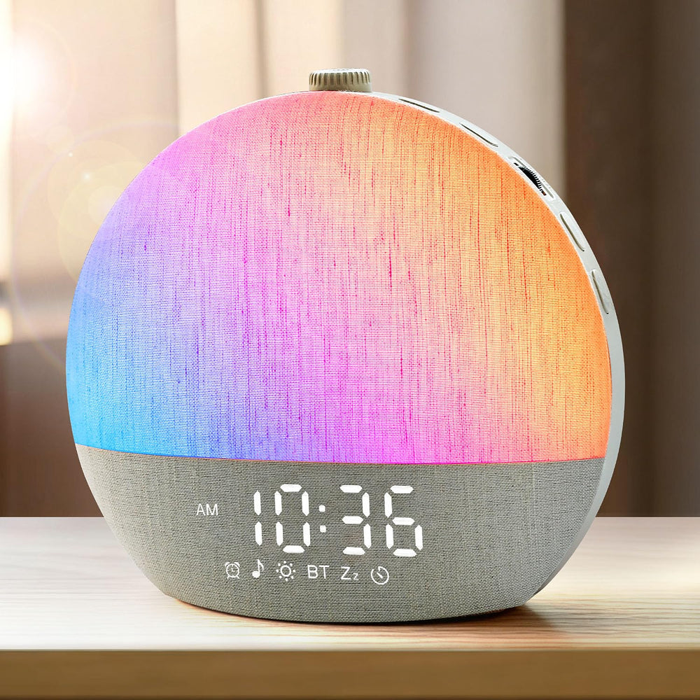 Zelaclock Sunrise Alarm Clock front view with gentle sunrise glow boosts wake-up calm.