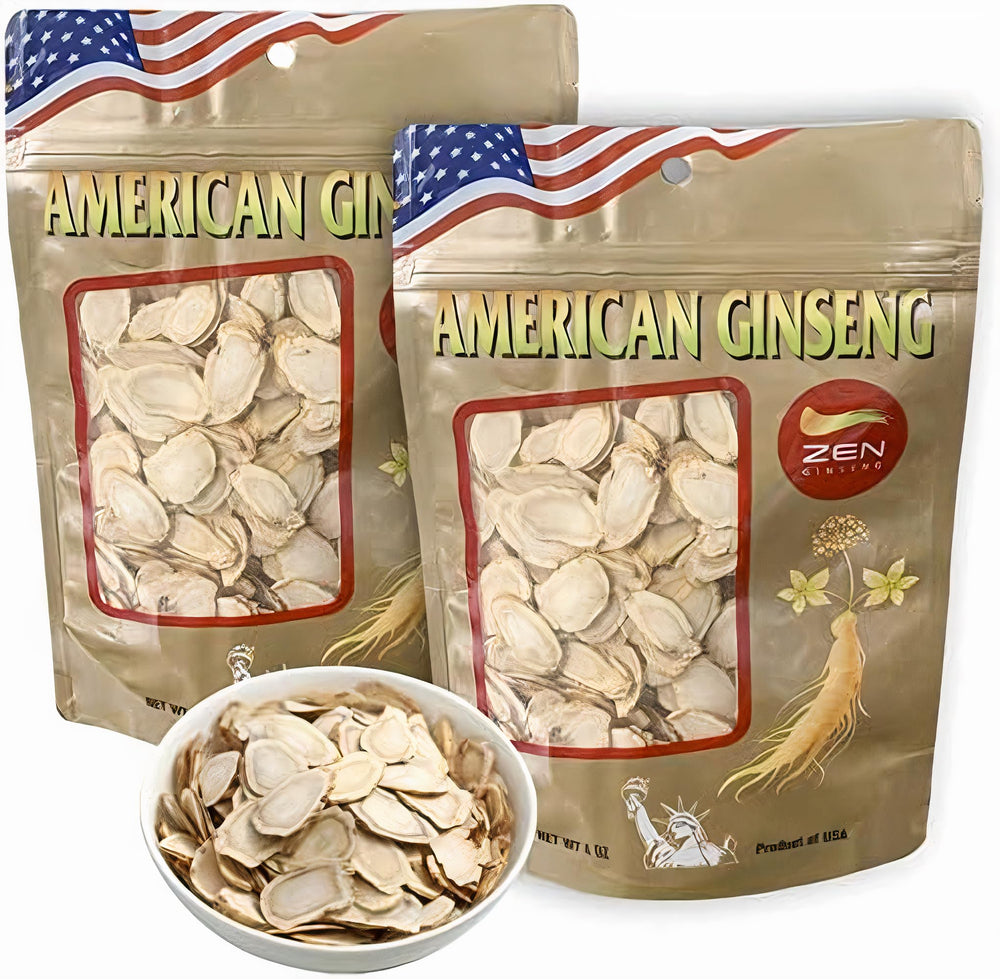 Zen Ginseng American slices 4oz bag front view with aroma and energy potential