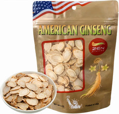 Zen Ginseng Wisconsin slices bag front view highlights premium, hand-picked slices for daily energy