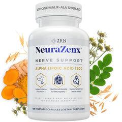 Zen Nutrients NeuraZenX bottle pouring for daily nerve support.