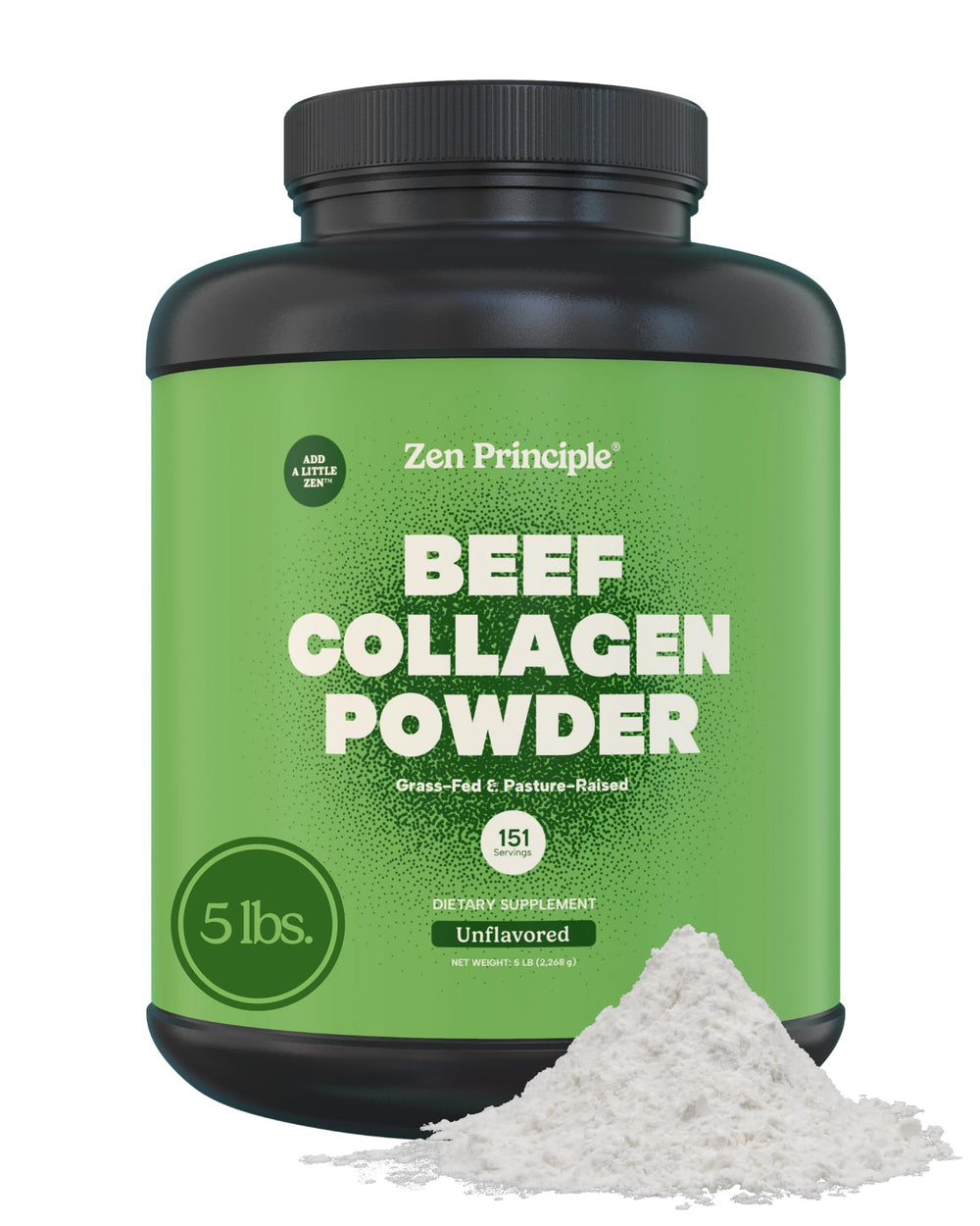 Zen Principle grass-fed collagen powder in a tub, high quality and purity.