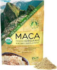 Zen Spirit Maca root powder bag showing Peruvian origin and energy support