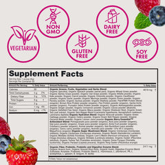 Zena Nutrition 70-plus superfoods closeup shows greens, fruits, and fungi.