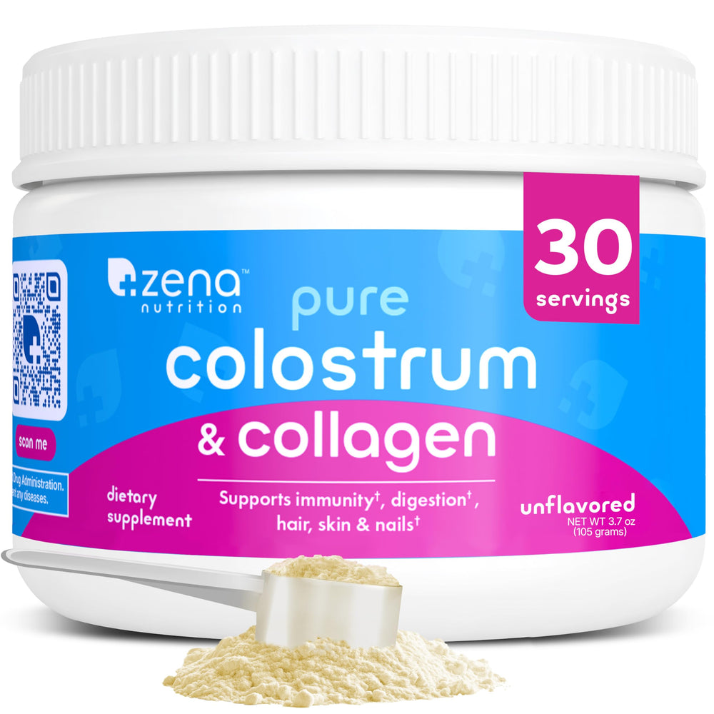 Zena Nutrition bovine colostrum collagen bottle for daily immune and digestive support.