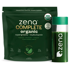 Zena Nutrition complete greens bottle featuring convenient daily supplement.
