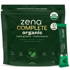 Zena Nutrition complete organic greens bottle showing a ready-to-drink daily blend for convenient nutrition
