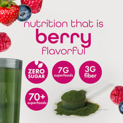 Zena Nutrition mixed berry flavor powder in a glass highlights tasty daily nutrition.