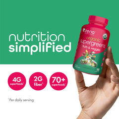 Zena Nutrition Organic Super Greens ingredients panel highlights 70+ superfoods.
