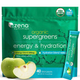 Zena Nutrition Organic Super Greens stick pack ready to mix for a quick energy boost.