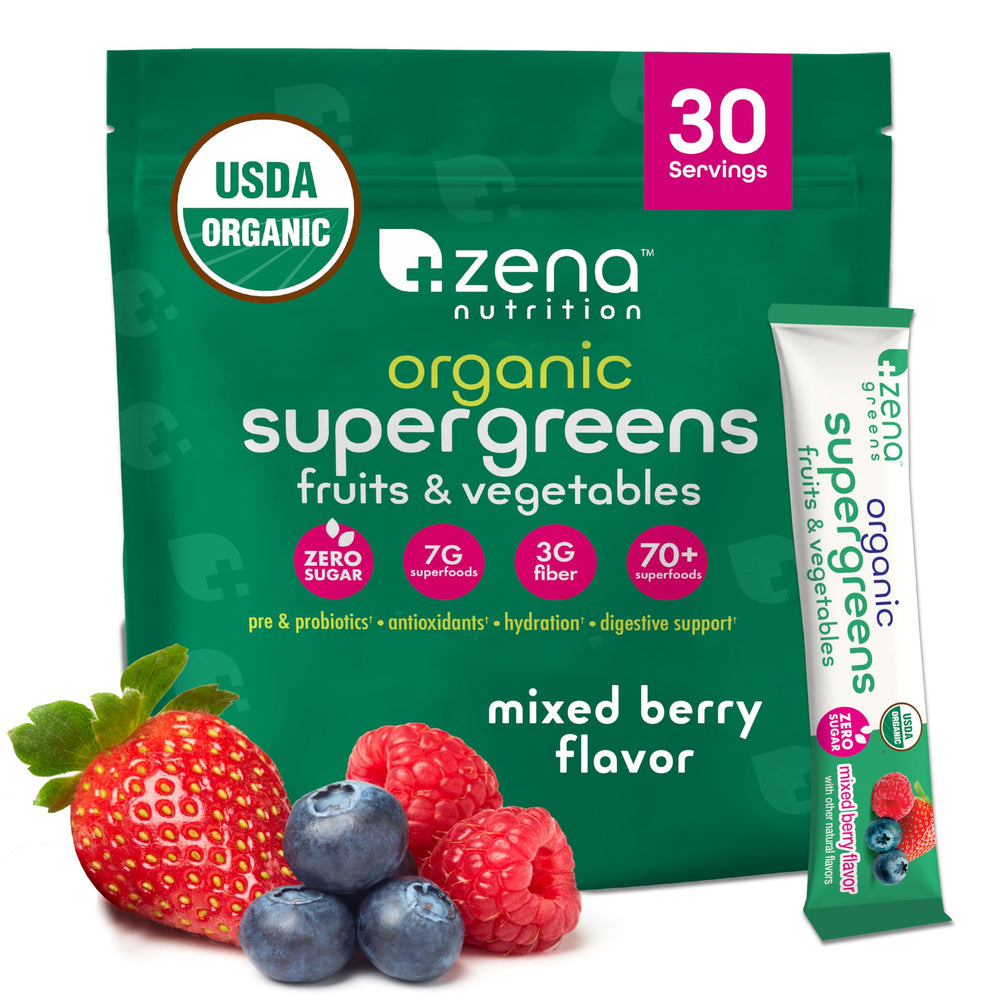 Zena Nutrition Organic Super Greens packaging shown for on-the-go daily greens.