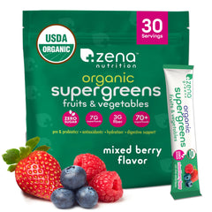 Zena Nutrition Organic Super Greens packaging shown for on-the-go daily greens.