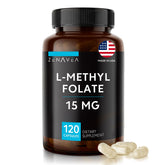 Zenavea L-Methylfolate 15mg bottle showing label and dosage details for daily use