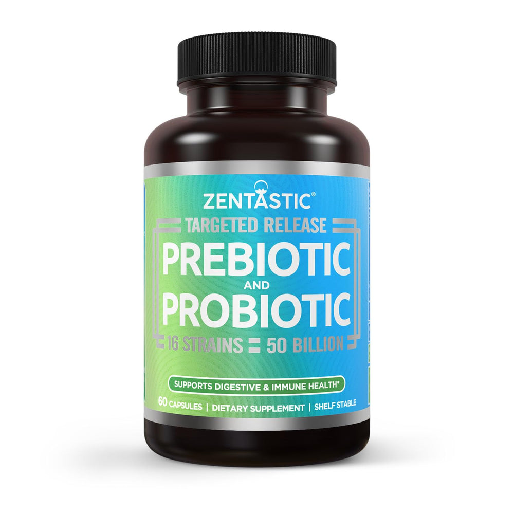 Zentastic Probiotics bottle label shows 50B CFU for gut health