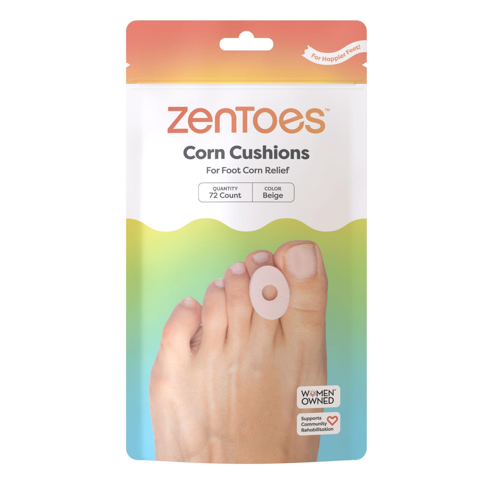 ZenToes corn pads closeup showing toe cushioning for daily comfort.