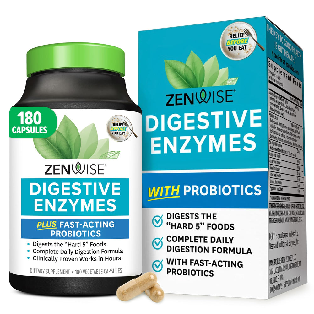Zenwise Health Digestive Enzymes bottle front promotes post-meal comfort and digestion support.